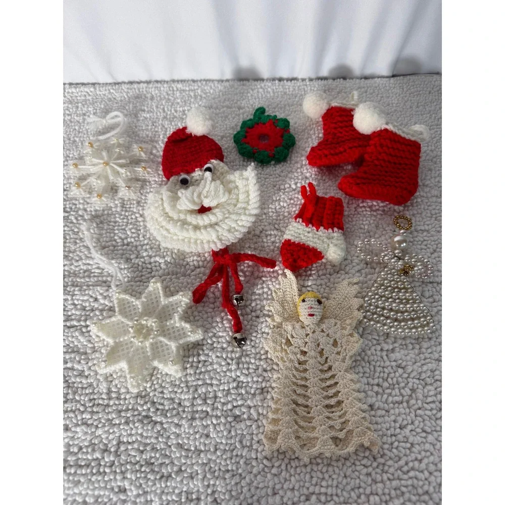 VTG Handmade Crochet Christmas Ornaments 9 pc Lot Santa Boots Angel Snowflake